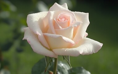 A beautiful light pink rose is covered in delicate water droplets in natural light