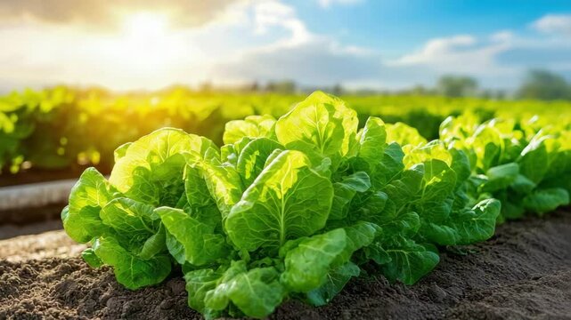 Fresh green lettuce growing in soil under a bright sun, depicting healthy agriculture and vibrant nature.
