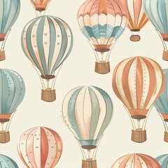 Hot air balloons with unique color schemes and patterns float against a white background, exuding vintage charm and whimsy.