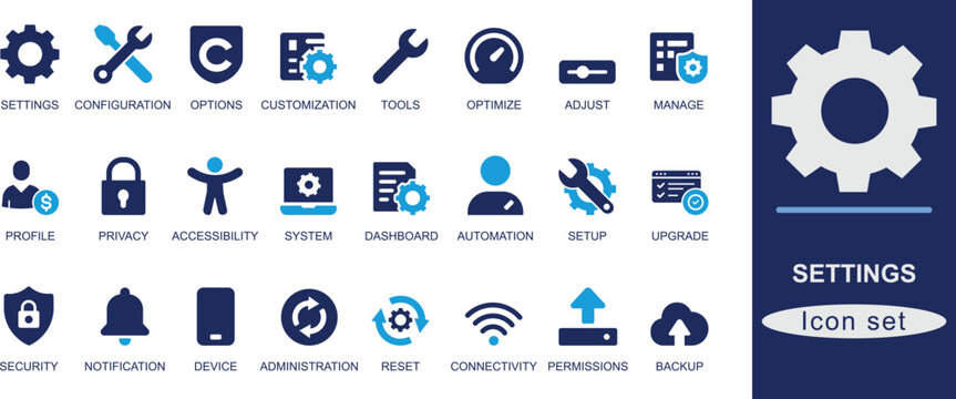 Settings icon set featuring tools, privacy, system, dashboard, customization, reset, automation, upgrade, and configuration for apps, UI, and web design.