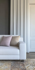 Fototapeta premium Cozy living room with stylish sofa and elegant curtains in modern interior design