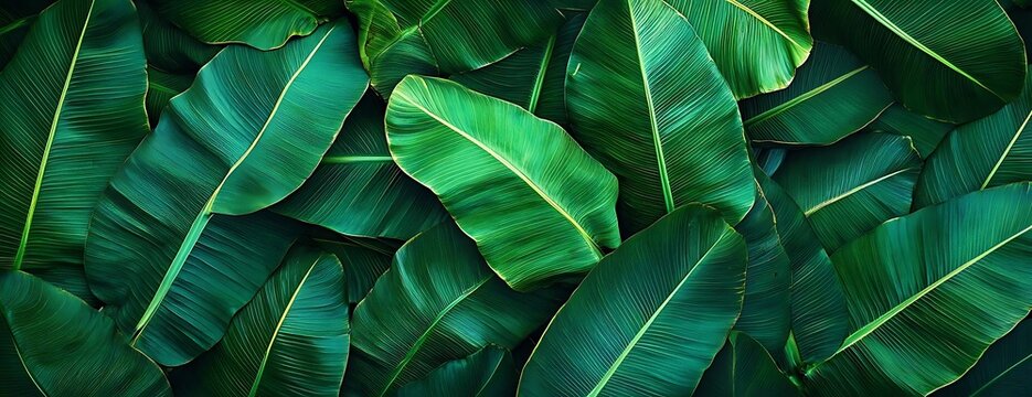 Lush green banana leaves, tropical background