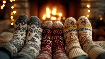 Family togetherness in cozy Christmas socks by the warm fireplace