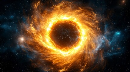 Fototapeta premium Space galaxy hidden. A fiery, glowing ring resembling a black hole or cosmic phenomenon set against a star-filled space background.