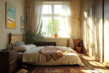 Sunlit bedroom vintage furniture plants art peaceful morning