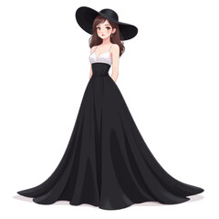 Fototapeta premium Elegant Woman in Black Gown and Hat, Graceful Evening Style, Sophisticated Fashion Illustration, Classic Silhouette, Elegant Poise