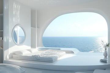 Fototapeta premium Modern minimalist bedroom ocean view stunning white design calming atmosphere