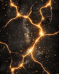 Space galaxy hidden. Abstract glowing cracks with golden light and sparkling particles on a dark background, resembling energy or cosmic phenomena.
