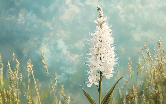 Elegant white asphodel flower stands amidst painted blades of grass against a serene sky