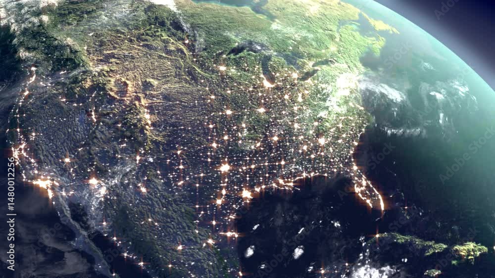 Poster space earth technology. america in the night and day in planet earth from outer space 3d modeling an