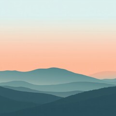 Obraz premium Serene Mountain Horizon: A minimalistic view of a misty mountain range with a subtle, soft, orange glow emanating from the horizon at dawn or dusk. The image creates a sense of peace and tranquility.