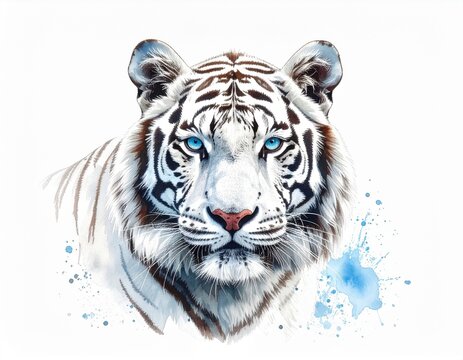 A stunning, watercolor-style portrait of a white tiger with piercing blue eyes and water splashes