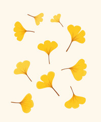 Golden Ginkgo Leaves in Autumnal Fall, Scattered on White Background, Minimalistic Style, Warm Yellow Hues, Serene and Calm