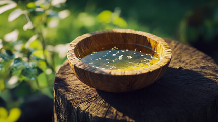 A small hand-carved wooden bowl filled with collected rainwater, sitting on a tree stump, soft shadows and natural texture,