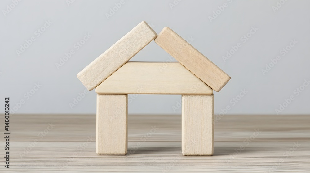 Poster wooden building blocks arranged into a simple house structure