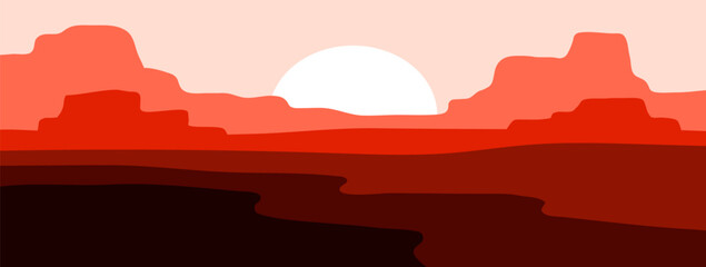 Desert dry terrain and sunset scene cartoon flat design landscape banner background vector.