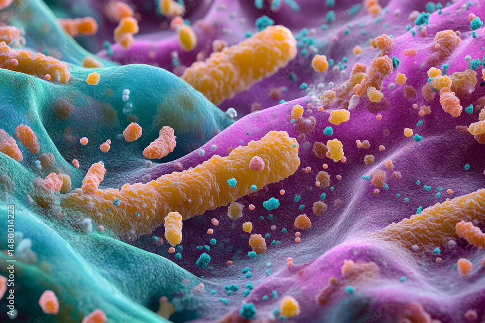 Aufkleber microscopic view of colorful bacteria and cells on a textured surface