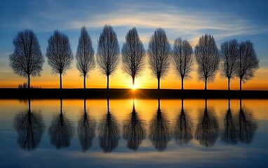 Obraz premium Silhouetted trees mirror perfectly across still water at tranquil sunset, portraying serene reflection