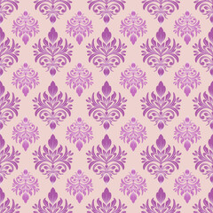 Damask seamless pattern with pink flowers, vintage design, vector illustration elegant for textile, wall paper, bedding, curtains, cushion cover, rug, scarf, luxury design, decoration