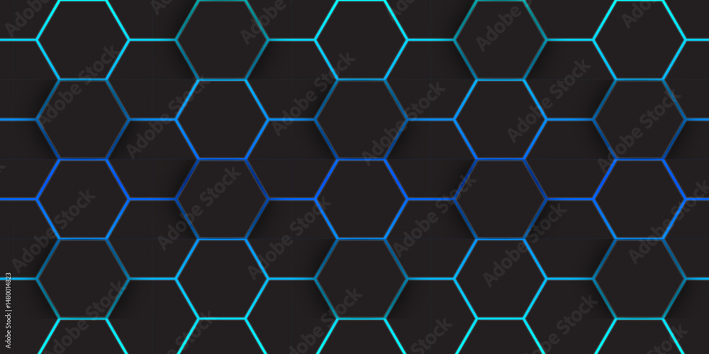 Aufkleber abstract rainbow curves and blue glowing hex pattern. abstract modern digital tech art. abstract hex