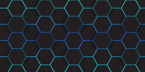 Abstract Rainbow Curves and blue Glowing Hex Pattern. Abstract Modern Digital Tech Art. abstract hexagon background.