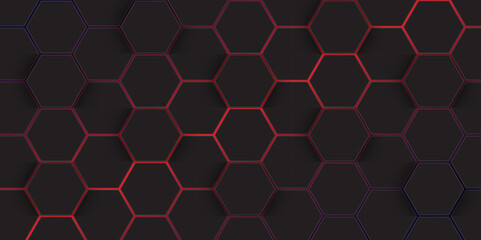 Abstract Dark Hexagonal Tech Background with red glowing. Abstract Futuristic Design with hexagon pattern.
