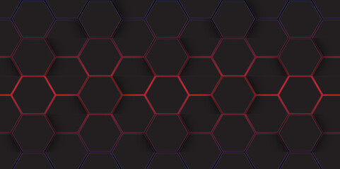 Abstract Dark Hexagonal Tech Background with red glowing. Abstract Futuristic Design with hexagon pattern.