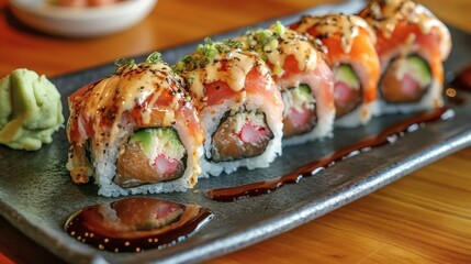 Captivating sushi roll, artistically presented with fresh ingredients on a dark plate ready to serve.