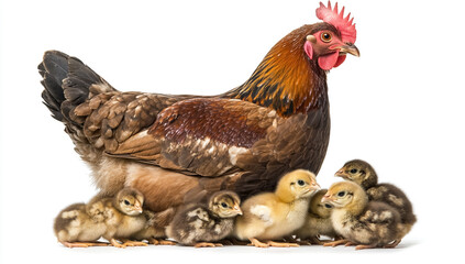 Fototapeta premium Mother Hen with Chicks on White Background