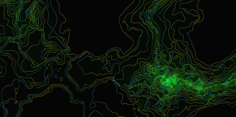 Abstract Black background with wavy green neon lines that resemble the pattern of the leaves of the plant. Abstract gradient wavy line background.