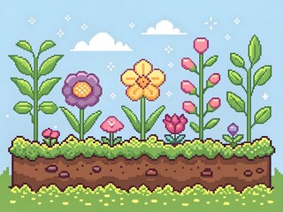 colorful pixel art garden illustration showing plants,flowers