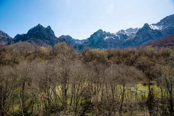 Landscape of Montenegro mountains, mountain range in haze summer