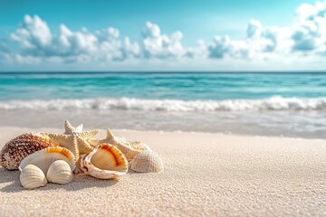 Obraz premium Coastal Beach Scene Featuring Seashells and Starfish on Soft Sand Under a Clear Blue Sky With Fluffy Clouds