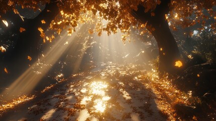 Naklejka premium Autumn forest path sunlight rays