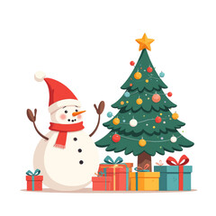 Joyful Snowman Celebrating Christmas Tree with Gifts