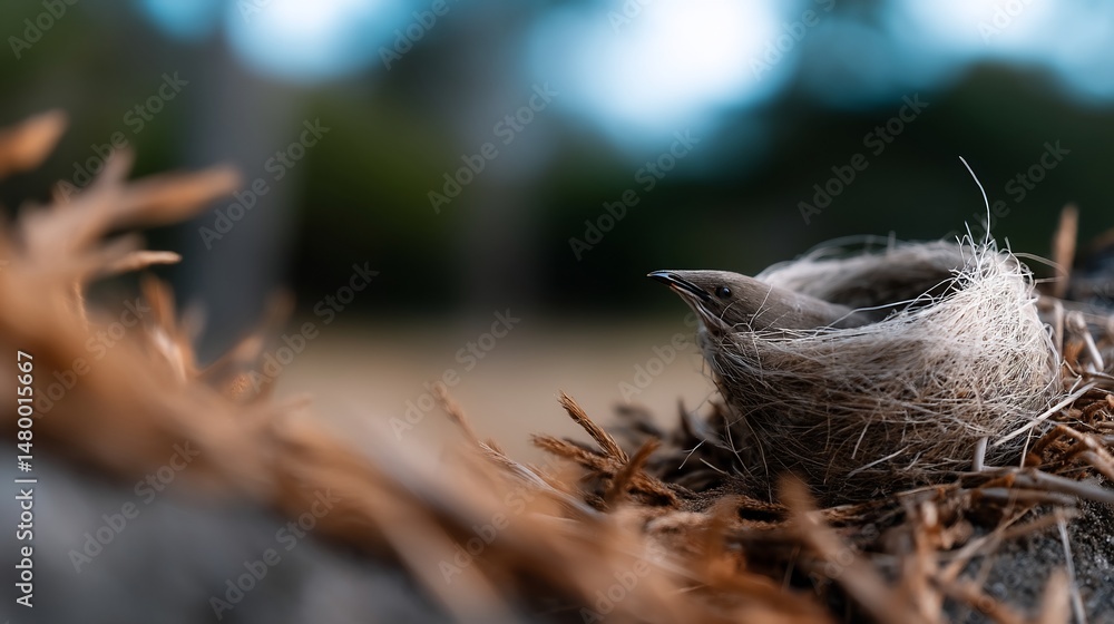 Poster young bird nestled in a fragile nest