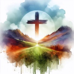 Watercolor illustration of a Christian cross on a hill. AI generated illustration