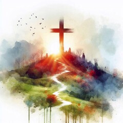 Watercolor illustration of a Christian cross on a hill. AI generated illustration