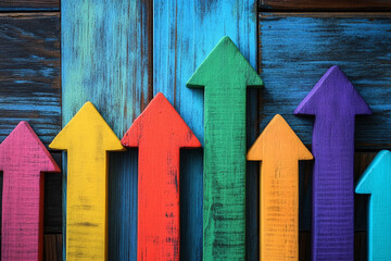 Colorful arrows pointing upward on a rustic wooden background showing growth and progress