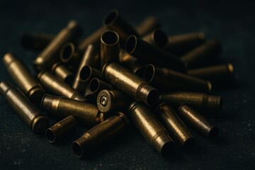 Close-up of spent bullet casings, used ammunition