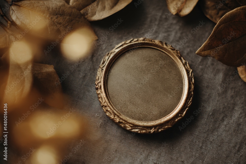 Poster empty gold-framed circular object on a dark surface.