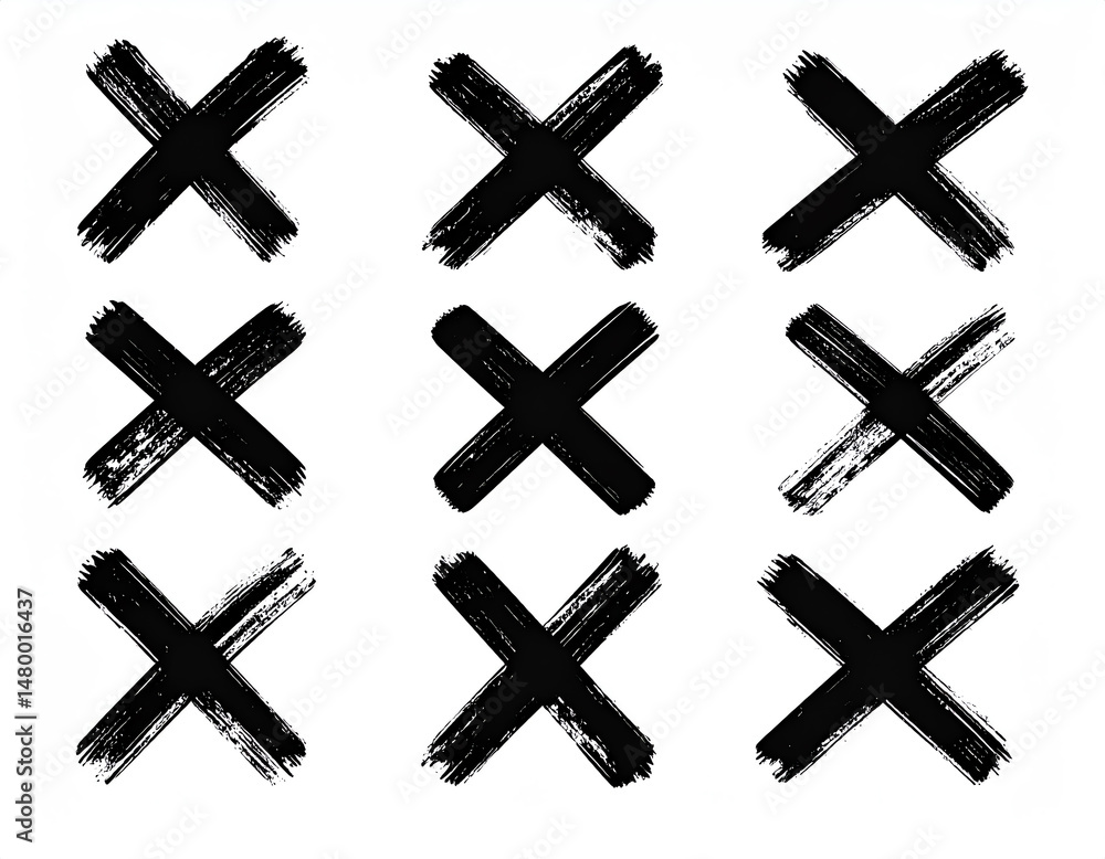 Poster black brushstroke crosses arranged in a grid pattern on a white background, creating a striking visu