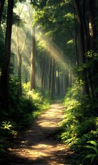 Obraz premium Sunlight pierces the dense woodland, illuminating a winding dirt path in a lush forest