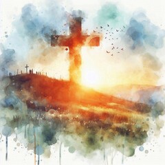 Watercolor illustration of a Christian cross on a hill. AI generated illustration