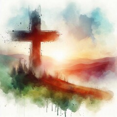 Watercolor illustration of a Christian cross on a hill. AI generated illustration