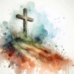 Watercolor illustration of a Christian cross on a hill. AI generated illustration