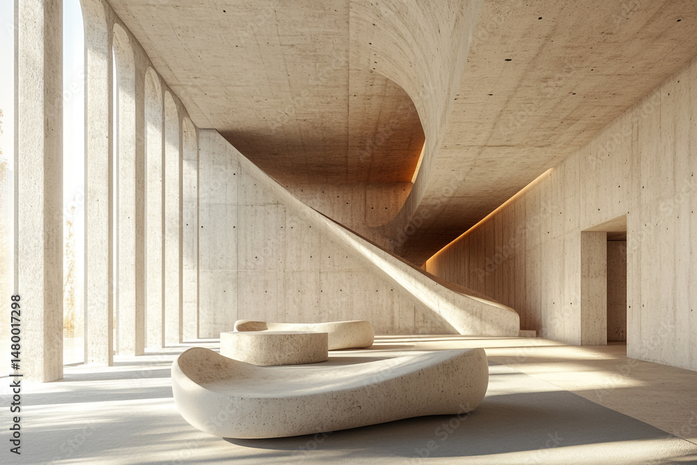 Poster sunlit concrete architecture with curving staircase and minimalist seating