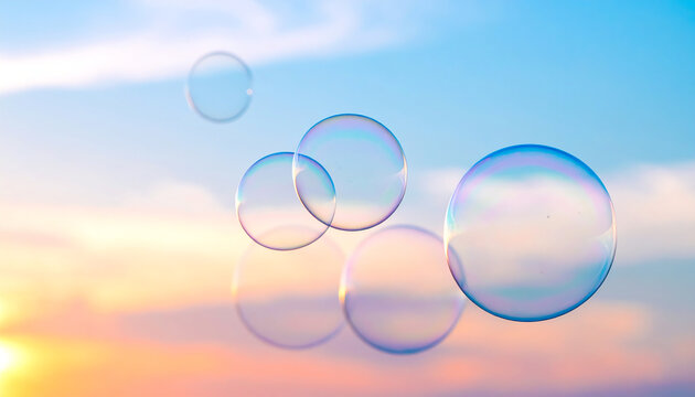 Colorful soap bubbles float against a dreamy sunset sky, creating a whimsical and serene atmosphere
