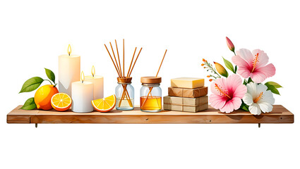 aroma corner, wooden shelf with burning aroma candles, yellow citruses, aroma diffusers, natural soap and tropical flowers; isolated white background; watercolor style illustration