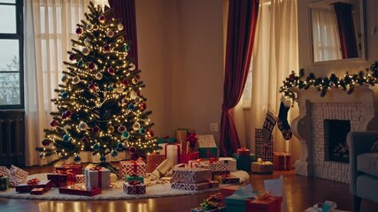 Christmas tree present fireplace garland festive living room morning cozy with gift decoration and stocking for holiday
